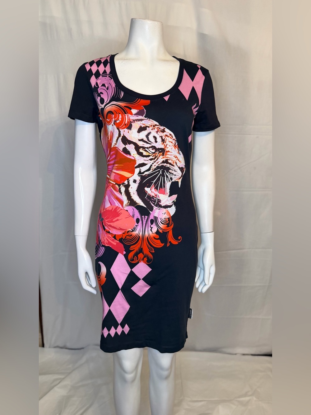 Versace Jeans Collection Black Mini Dress with Pink & Red Graphic Tiger